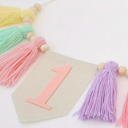 Rainbow Tulle High Chair Skirt with Glitter "One" Sign, First Birthday Party Decorations