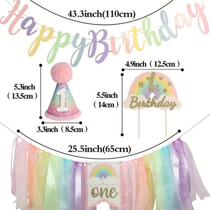 Ultimate First Birthday Party Decor Set with Happy Birthday Banner, Number One Hat, Cake Toppers, and Rainbow Tulle Garland