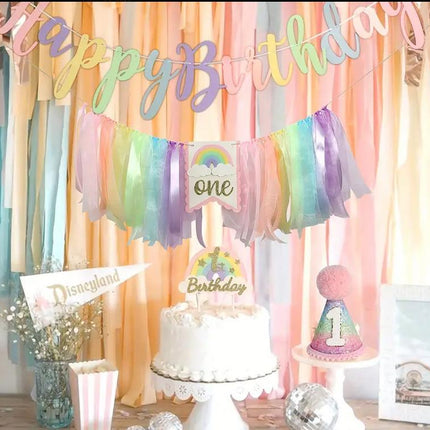 Ultimate First Birthday Party Decor Set with Happy Birthday Banner, Number One Hat, Cake Toppers, and Rainbow Tulle Garland
