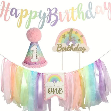 Ultimate First Birthday Party Decor Set with Happy Birthday Banner, Number One Hat, Cake Toppers, and Rainbow Tulle Garland