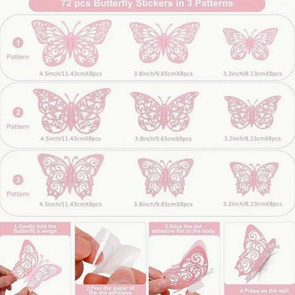 72 pcs Pink Butterfly Stickers in 3 Patterns – Perfect for Wall Decoration, Scrapbooking, and Craft Projects