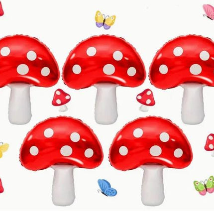 Large Red Mushroom Mylar Balloons - Set of 5 Fairy Tale Mushrooms, Perfect for Garden Decorations and Themed Parties