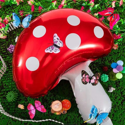 Large Red Mushroom Mylar Balloons - Set of 5 Fairy Tale Mushrooms, Perfect for Garden Decorations and Themed Parties