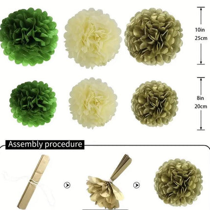 15-Piece Green and Gold Party Decoration Set - Pom Poms and Paper Lanterns for Elegant Celebrations and Events