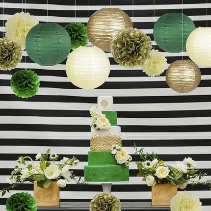 15-Piece Green and Gold Party Decoration Set - Pom Poms and Paper Lanterns for Elegant Celebrations and Events