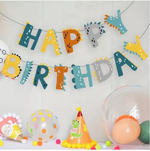 Dinosaur-Themed 'Happy Birthday' Banner - Colorful and Playful Party Decoration for Kids