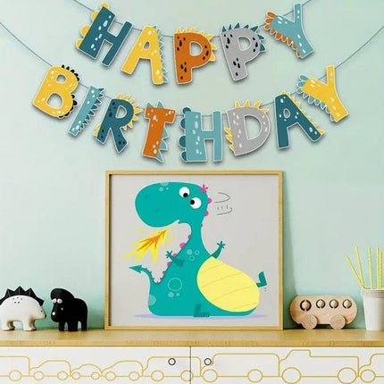 Dinosaur-Themed 'Happy Birthday' Banner - Colorful and Playful Party Decoration for Kids