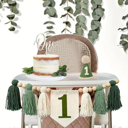 Jungle Dino First Birthday Decor Set - Cake Topper, Party Hat, and Bunting for Boys and Girls