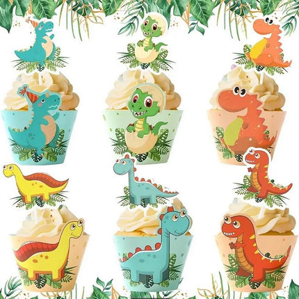 Dinosaur Birthday Party Cupcake Toppers and Cupcake Wraps - Cute Dino Decorations for First Birthday