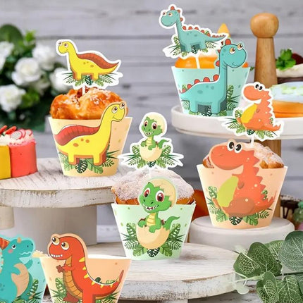 6 Pcs Dinosaur Birthday Party Cupcake Toppers and Cupcake Wraps - Cute Dino Decorations for First Birthday