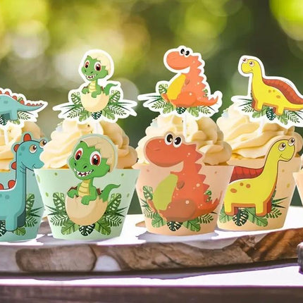 6 Pcs Dinosaur Birthday Party Cupcake Toppers and Cupcake Wraps - Cute Dino Decorations for First Birthday