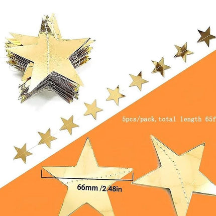 Golden Star Garland - Metallic Paper Star Streamers, Party Decorations, Event Hanging Decor, 65 Feet Long