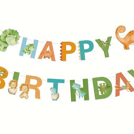 Dinosaur Happy Birthday Banner - Prehistoric Party Decoration with Colorful Dino Cutouts for Kids Birthday Themes