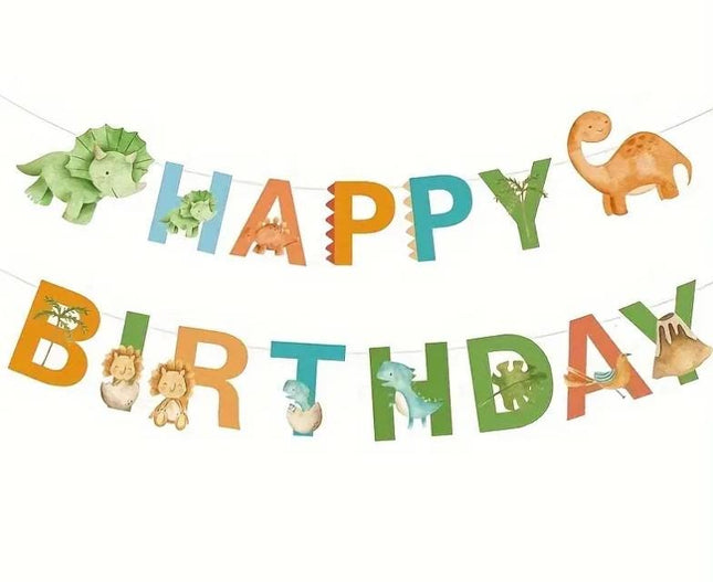 Dinosaur Happy Birthday Banner - Prehistoric Party Decoration with Colorful Dino Cutouts for Kids Birthday Themes
