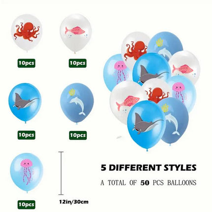 Ocean Party Balloons - Sea Creature Decorations, 50 Piece Set with Octopus, Dolphin, and Fish Designs for Underwater Themed Events