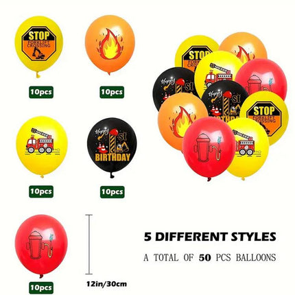 Firefighter-Themed Birthday Balloon Set - 50 pcs, Fire Truck, Fire Hydrant, Stop Signs for Kids Party Decor