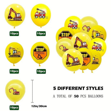 Construction and Firefighter-Themed Balloon Set - 50 pcs, Yellow Construction Vehicles and Fire Truck Decorations for Kids Parties