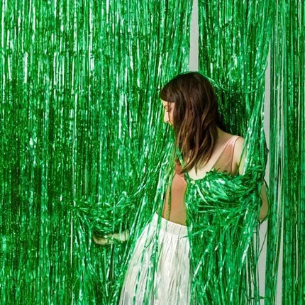 Metallic Green Foil Fringe Curtain - 2 Pieces, Party Backdrop for Photo Booth, Events, and Celebrations