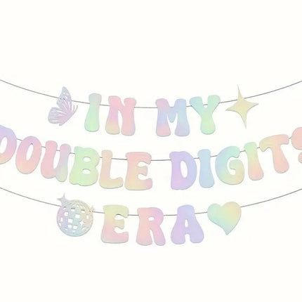 Double Digits Era Party Banner - Pastel Birthday Garland with Hearts and Stars - Tween Birthday Decorations