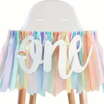 Rainbow Tulle High Chair Skirt with Glitter "One" Sign, First Birthday Party Decorations