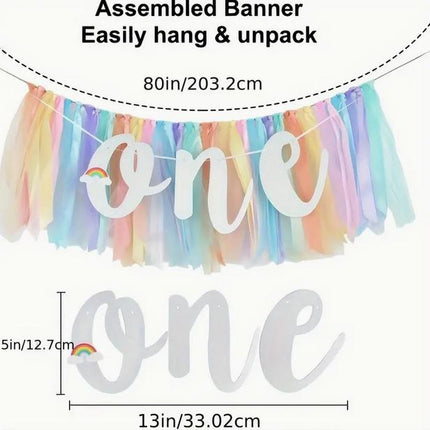Rainbow Tulle High Chair Skirt with Glitter "One" Sign, First Birthday Party Decorations