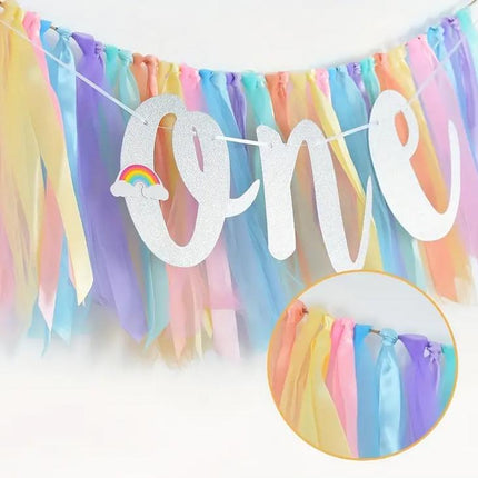 Rainbow Tulle High Chair Skirt with Glitter "One" Sign, First Birthday Party Decorations