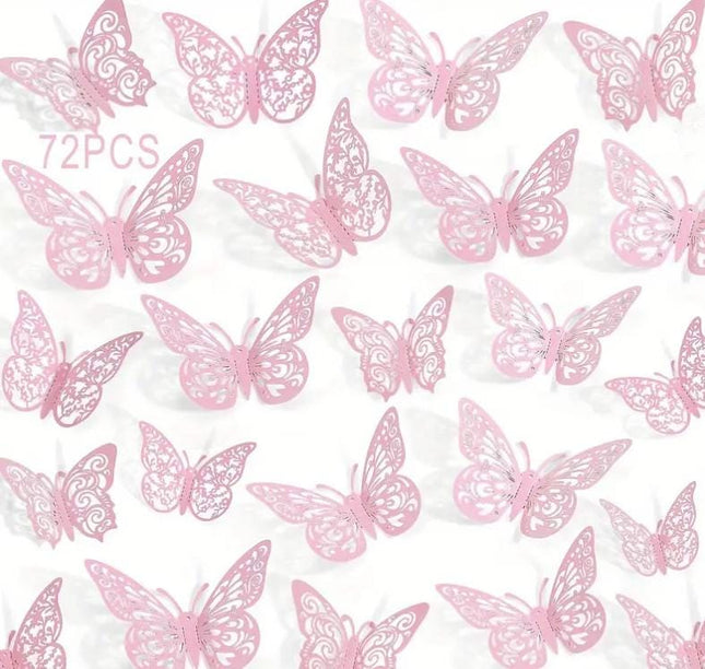 72 pcs Pink Butterfly Stickers in 3 Patterns – Perfect for Wall Decoration, Scrapbooking, and Craft Projects