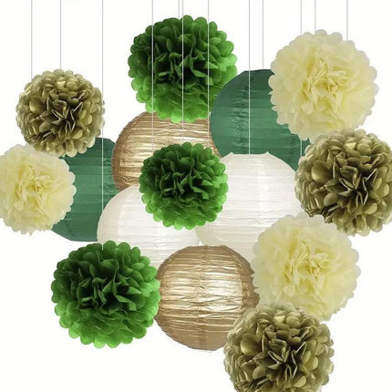 15-Piece Green and Gold Party Decoration Set - Pom Poms and Paper Lanterns for Elegant Celebrations and Events