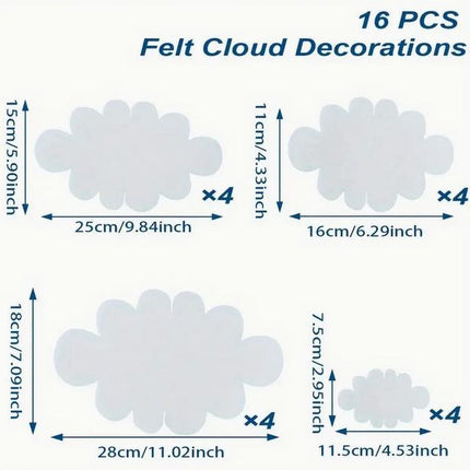 Soft Felt Cloud Hanging Decorations - Nursery Decor, Baby Shower, Kids Room - Peaceful White Cloud Theme Set (16 Pcs)