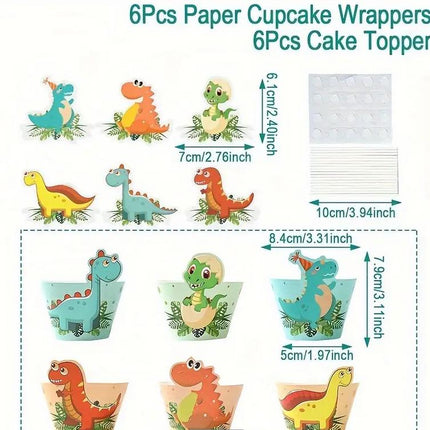 6 Pcs Dinosaur Birthday Party Cupcake Toppers and Cupcake Wraps - Cute Dino Decorations for First Birthday