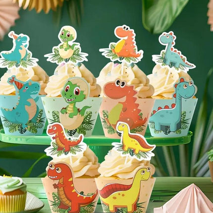 6 Pcs Dinosaur Birthday Party Cupcake Toppers and Cupcake Wraps - Cute Dino Decorations for First Birthday