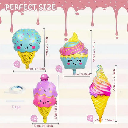 8 Pcs Cheerful Ice Cream Balloons Set - Colorful Party Decor for Kids Birthday, Sweet Treat Themed Party Supplies