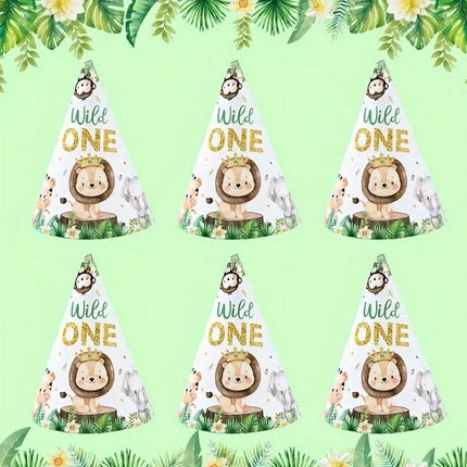 Jungle Safari "Wild One" Themed Party Hats - Set of 6, Animal Kingdom Birthday Decor for Kids, Adorable Lion and Friends