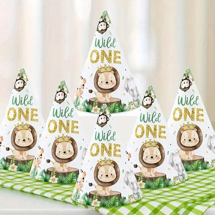 Jungle Safari "Wild One" Themed Party Hats - Set of 6, Animal Kingdom Birthday Decor for Kids, Adorable Lion and Friends