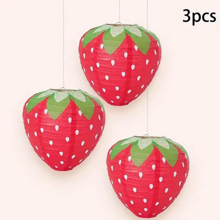3D Strawberry Paper Lanterns - Set of 3, Party Hanging Decorations for Summer Parties and Garden Celebrations