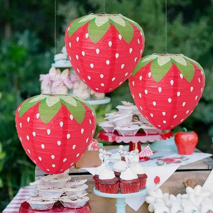3D Strawberry Paper Lanterns - Set of 3, Party Hanging Decorations for Summer Parties and Garden Celebrations