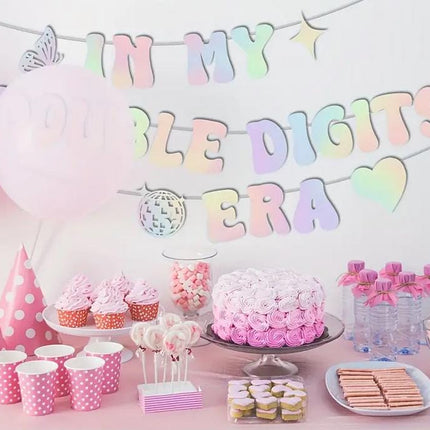 Double Digits Era Party Banner - Pastel Birthday Garland with Hearts and Stars - Tween Birthday Decorations