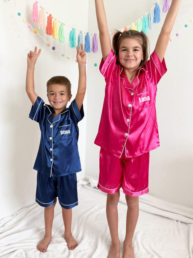 Custom Silk Pajama Set for Kids | Personalized with Name | Available in Blue, Pink, Black, White, Red |