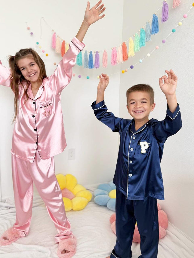 Custom Silk Pajama Set for Kids | Personalized Name | Available in Blue, Pink, Beige, Green, Red |