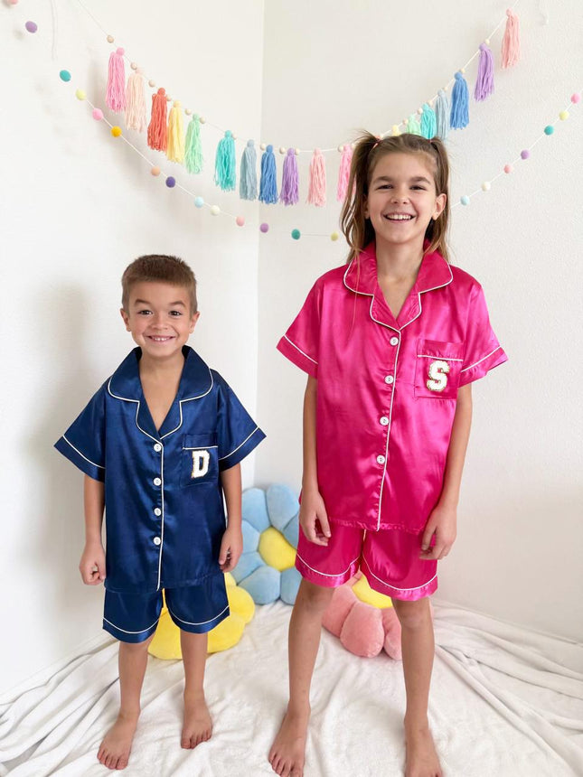 Customizable Silk Pajama Set for Kids | Colors: Blue, Pink, Black, White, Red |