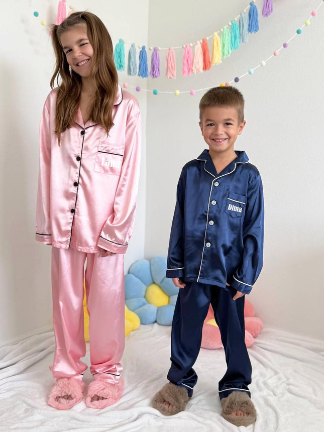 Personalized Silk Kids' Pajama Set | Custom Name| Available in Blue, Pink, Beige, Green, Red |