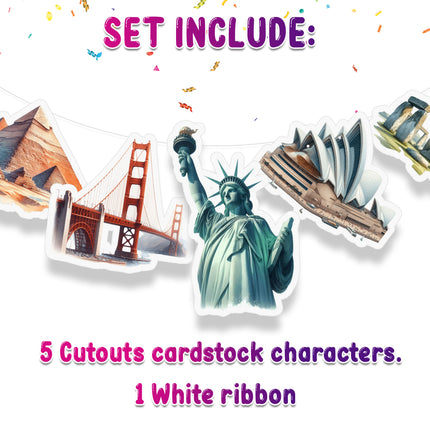 World Landmarks 5 Pcs Party Banner - Travel and Adventure Theme Decor