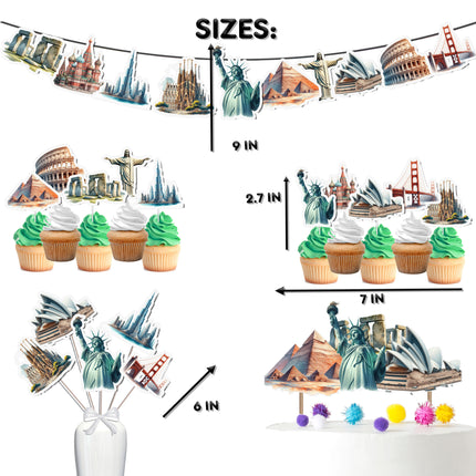 World Landmarks Party Decoration Set – Cake Topper, Cupcake Toppers, Banner, and Centerpieces