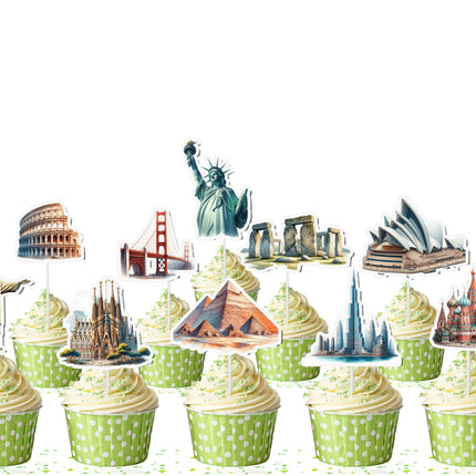 Landmarks Cupcake Toppers - Set of 10 | World Monuments Party Decorations | Travel-Themed Toppers