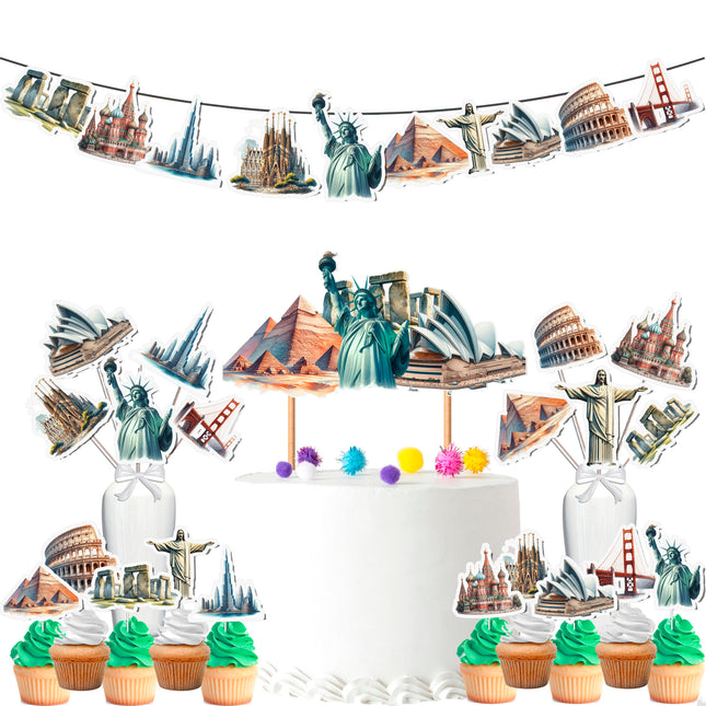 World Landmarks Party Decoration Set – Cake Topper, Cupcake Toppers, Banner, and Centerpieces