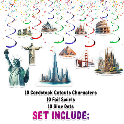 Famous World Landmarks Hanging Streamers - 10 Pcs | Global Architecture Party Decorations