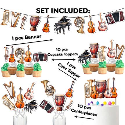 Music-Themed Party Decoration Set – Cake Topper, Cupcake Toppers, Banner, and Centerpieces
