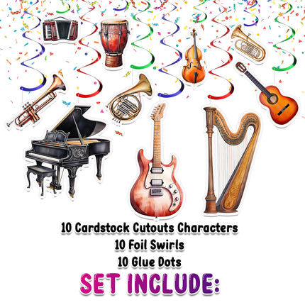 Music Instruments Hanging Streamers - 10 Pcs | Music-Themed Party Decorations