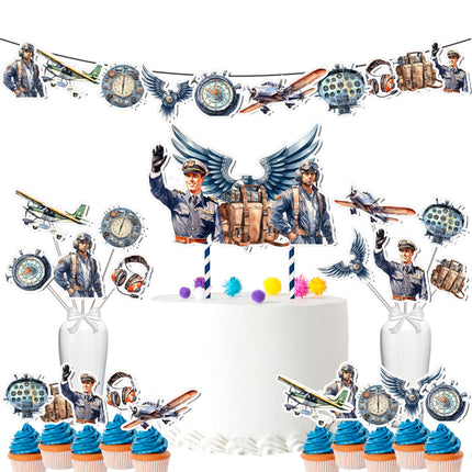 Aviation-Themed Party Decoration Set – Cake Topper, Cupcake Toppers, Banner, and Centerpieces