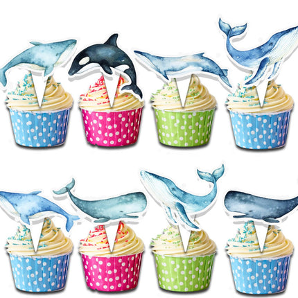 Blue Whale Cupcake Toppers - 24 Pcs Ocean Animals Party Decorations for Kids Birthday, Baby Shower, or Underwater Theme Party Supplies